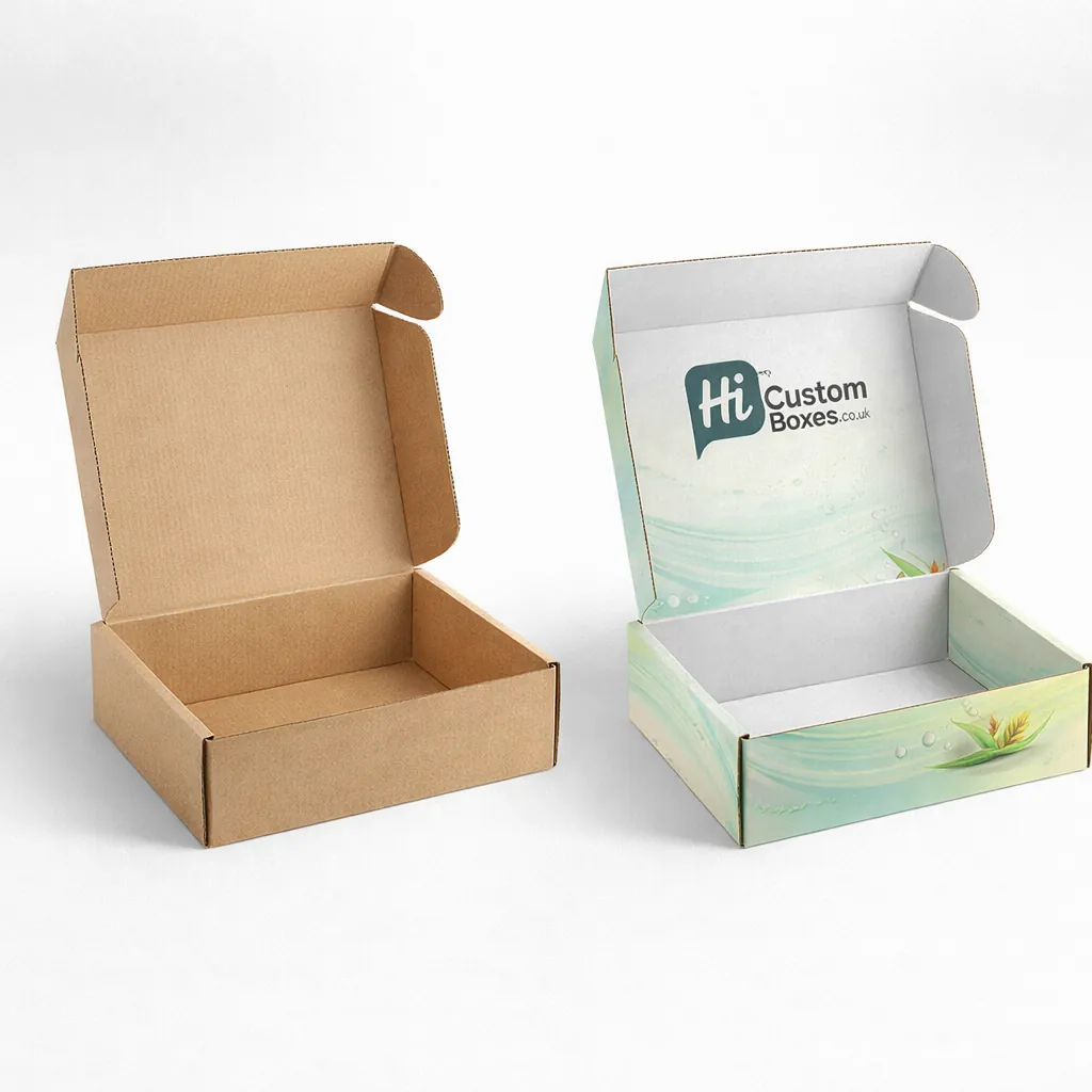 Two open cardboard mailer boxes, one plain brown and one with custom interior brand printing. class=